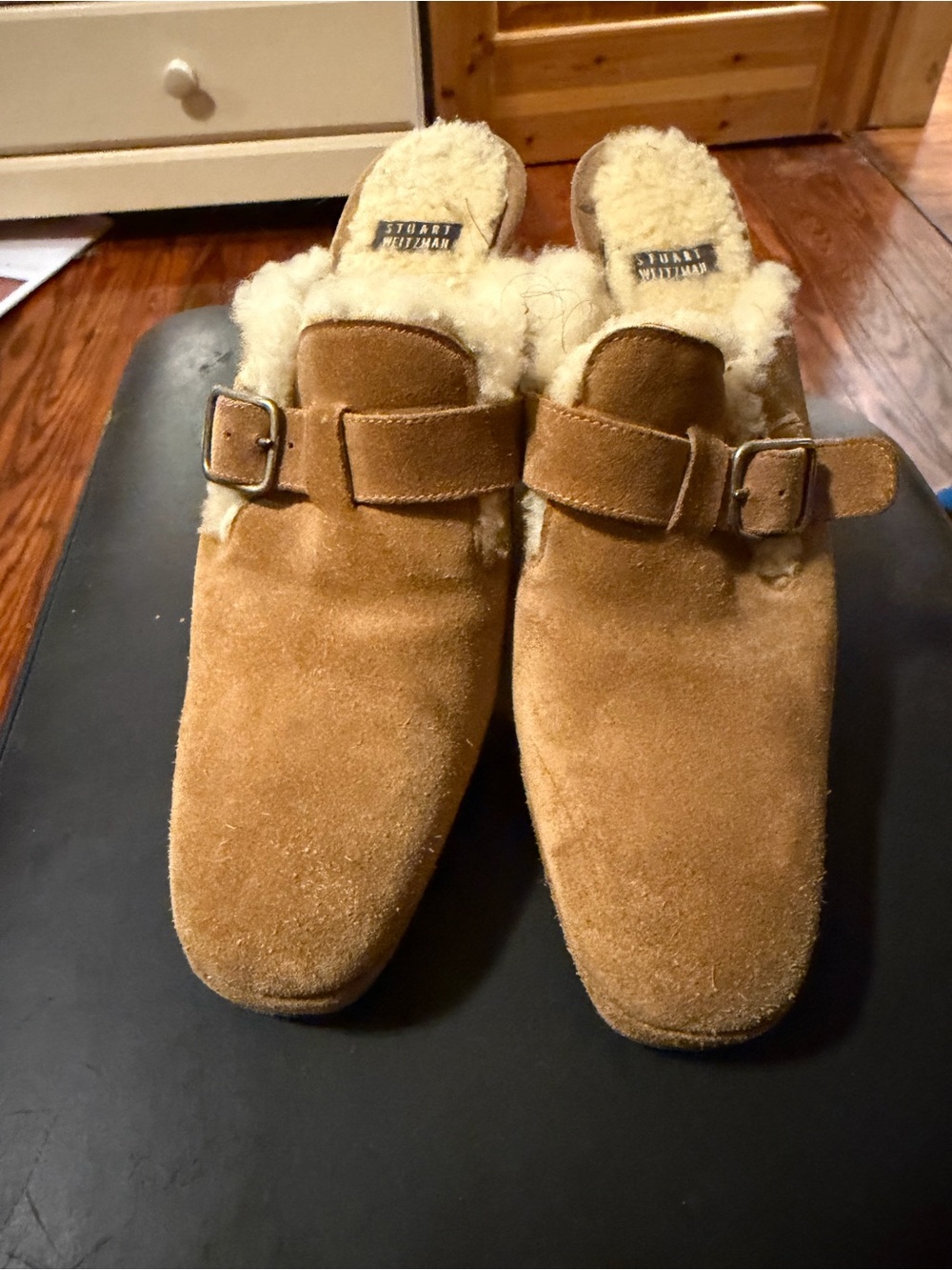 Stuart Weitzman Tan Suede Shearling-Lined Slip-On Clogs